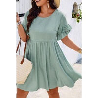 Grass Green Ruffle Trim Short Sleeve Plus Size Flared Mini Dress - 2X
