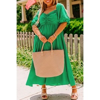 Bright Green Ruched Front Puff Sleeve Plus Size Long Dress - 1X