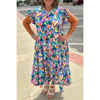 Blue Geometric Print Ruffled Short Sleeve Plus Size Tiered Maxi Dress - 4X