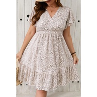 White Floral V Neck Ruffled Short Sleeve Plus Size Dress - 4X