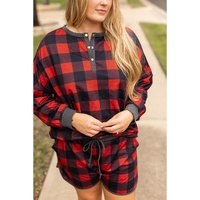 Fiery Red Christmas Buffalo Print Henley Top and Shorts Plus Size Set - 3X