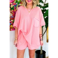 Pink Plus Size Ribbed Exposed Seam Tee and Shorts Set - 3X
