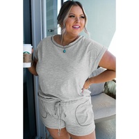 Gray Contrast Stitching Cuffed Sleeve Plus Shorts Set - 1X