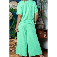 Mint Green Textured Batwing Sleeve Tee Wide Leg Pants Plus Size Set - 1X