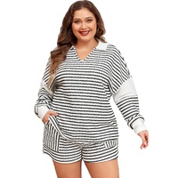 Black Stripe Collared V Neck Long Sleeve Top Plus Shorts Set - 2X