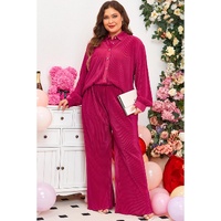 Rose Red Plus Size Ribbed Long Sleeve Shirt and Pants Pajama Set - 2X