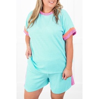 Light Blue Plus Size Color Block Corded Knit Tee and Shorts Set - 1X