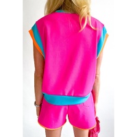 Rose Red Colorblock Patchwork Cap Sleeve Top Plus Size Shorts Set - 1X