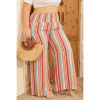 Orange Stripe Plus Size Boho Smocked Waist Loose Pants - 1X