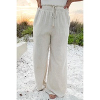 Beige Smocked High Waist Wide Leg Plus Size Pants - 2X