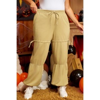 Beige Drawstring Adjusted Band High Waist Plus Size Pants - 1X