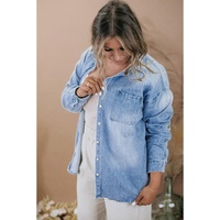 Sky Blue Plus Size Chest Pocket Button-Up Denim Shacket - 1X