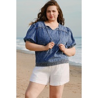 Sail Blue Plus Drawstring V Neck Puff Sleeve Denim Blouse - 4X