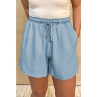 Beau Blue Washed Chambray Drawstring Elastic Waist Plus Size Shorts - 3X
