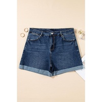 Sail Blue Folded Edge High Waist Plus Size Denim Shorts - 2X