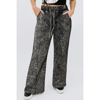 Black Plus Size Tie Dye Drawstring Splicing Wide Leg Jeans - 1X