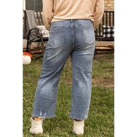Medium Grey Plus Size Button Fly High Waist Ripped Straight Leg Jeans - 1X
