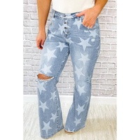 Sky Blue Star Printed Multi Buttons Slit Knee Destroyed Plus Size Jeans - 3X