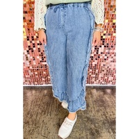 Blue Plus Size Lace up Waist Ruffled Trim Ankle Length Jeans - 2X