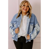 Beau Blue Leopard Patchwork Flap Detail Plus Size Denim Jacket - 2X