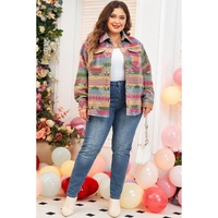 Pink Plus Size Aztec Printed Flap Pocket Shacket - 2X