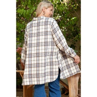 White Plaid Print Tunic Plus Size Shacket with Slits - 1X