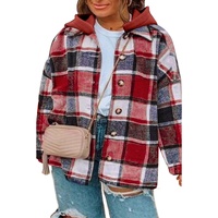 Red Printed Plus Size Plaid Button up Hooded Jacket - 1X