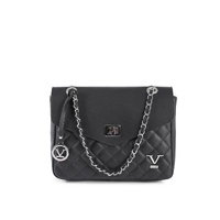 V Italia Womens Quilted Leather Crossbody Shoulder Bag with Chain Strap  Black - One Size