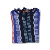 Missoni Women's Blue Striped Crew Neck Sweater with Frayed Edges - One Size