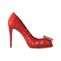 Dolce &amp; Gabbana Women&#39;s Red Taormina Lace Crystal Heels Pumps Shoes - 36.5 EU
