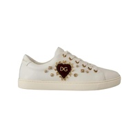 Dolce &amp; Gabbana Women's White Leather Gold Red Heart Sneakers Shoes - 36 EU
