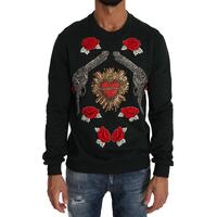 Dolce &amp; Gabbana Green Cotton Crystal Heart Roses Embroidered Pullover Sweater 52 IT Men