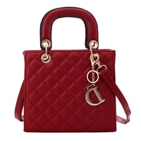 Leather Crossbody Bag with Rhombus Pattern for Women - Red