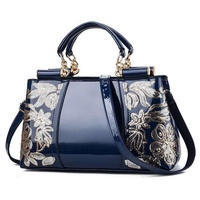 Shiny Leather Handbag with Single-sided Embroidery - Blue