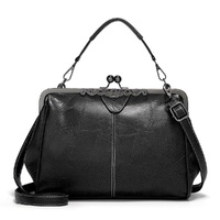 Adjustable Leather Crossbody Bag with Vintage Buckle - Black