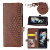 Leather Grid Texture Phone Case with Lanyard for Samsung Galaxy z Fold 4 - Brown