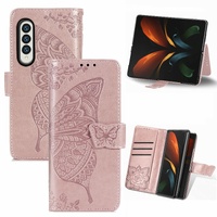 Embossed Butterfly Love Leather Case for Samsung Galaxy z Fold 4 - Flower Design - Rose Gold