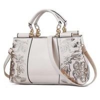 Shiny Leather Handbag with Single-sided Embroidery - Rice-White