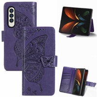 Embossed Butterfly Love Leather Case for Samsung Galaxy z Fold 4 - Flower Design - Dark Purple