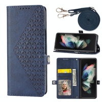 Leather Grid Texture Phone Case with Lanyard for Samsung Galaxy z Fold 4 - Blue