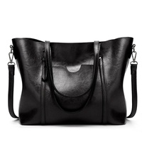 Stylish All-match Leather Handbag - Wax Finish - Black
