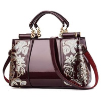 Shiny Leather Handbag with Single-sided Embroidery - Red Wine