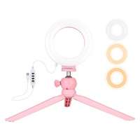 12cm Led Ring Light with Usb 3 Modes Dimmable Cold Shoe Tripod Ball Head - Pink