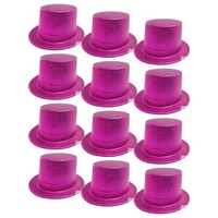 12x GLITTER TOP HAT Fancy Party Plastic Costume Tall Cap Fun Dress Up BULK - Hot Pink