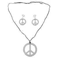 HIPPIE Necklace &amp; Earring Set Peace Signs Party Costume Halloween 60s 70s - Silver