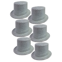 6x GLITTER TOP HAT Fancy Party Plastic Costume Tall Cap Fun Dress Up BULK - Silver - One Size