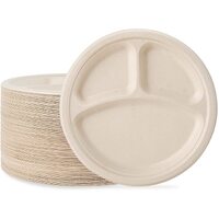 600pcs Disposable Sugarcane Bagasse 3-Compartment Paper Plates Eco 23cm (9&quot;) Bulk