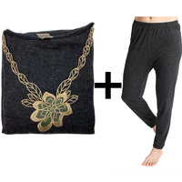 2pcs Set Womens Merino Wool Blend Pants &amp; Top Underwear Leggings Thermal Thermals - Black - 16-18
