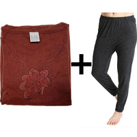 2pcs Set Womens Merino Wool Blend Pants &amp; Top Underwear Leggings Thermal Thermals - Burgundy Top &amp; Black Pants - 10-12