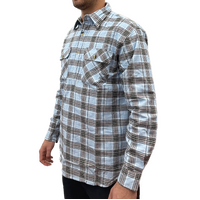 Mens Flannelette Long Sleeve Pullover Shirt 100% Cotton Flannel - Half Placket - Sky Blue/Grey Check - M